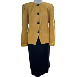 Vintage Oleg Cassini 80s Two Piece Womens Suit, Mustard and Black Size 10
